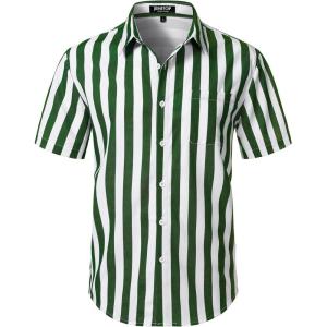 JEMITOP Men’s Stretch Wrinkle Free Short Sleeve Texture Shirt Lightweight Summer Button Down Shirts for Beach Vacation(White Green Striped)