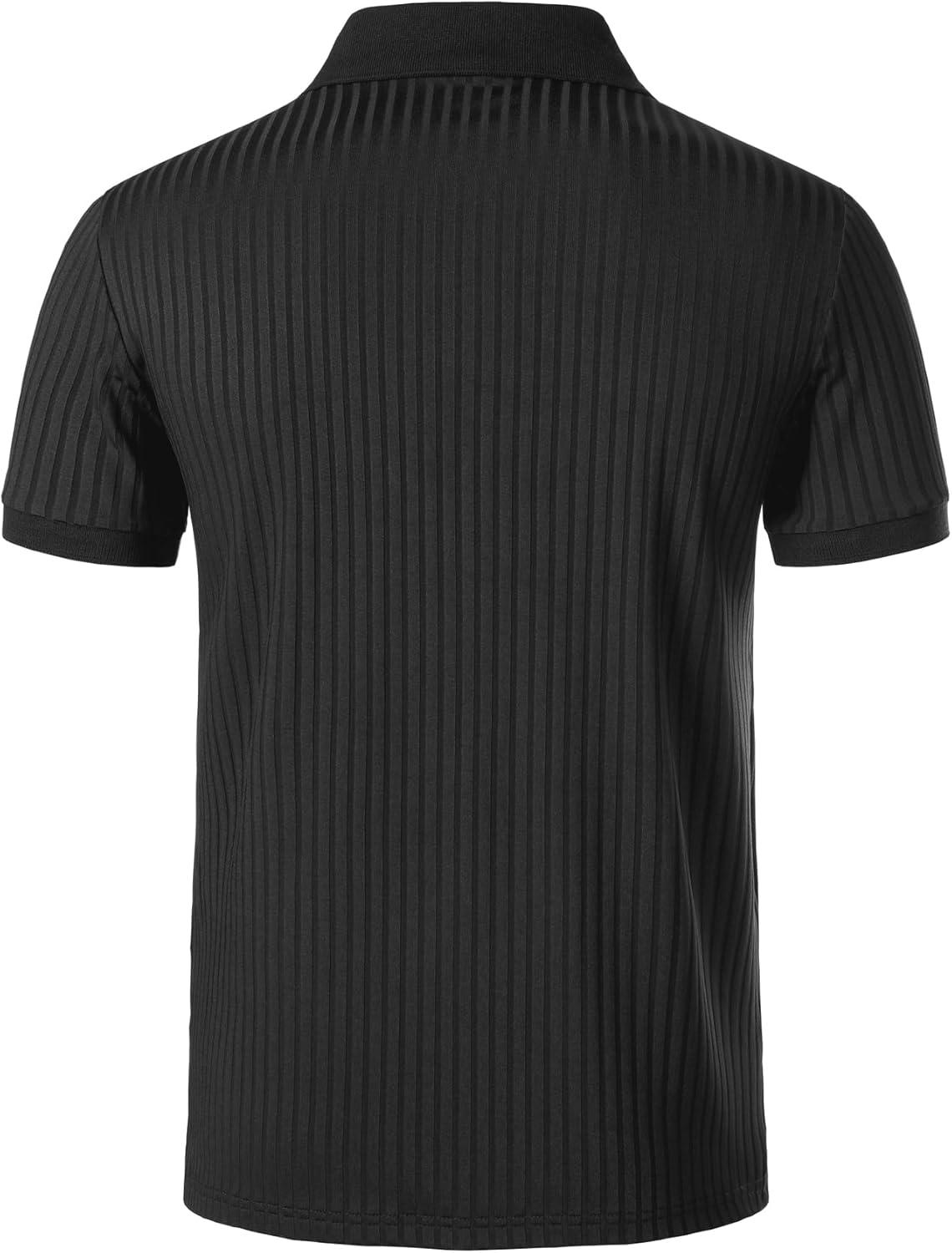 imageJEMITOP Mens Stretch Knit Slim Fit Polo Shirts Casual Short Sleeve Ribbed Collar Golf ShirtBlack