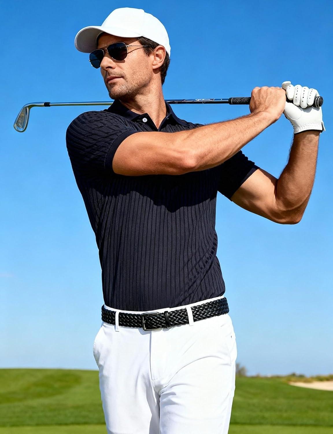 imageJEMITOP Mens Stretch Knit Slim Fit Polo Shirts Casual Short Sleeve Ribbed Collar Golf ShirtNavy Blue