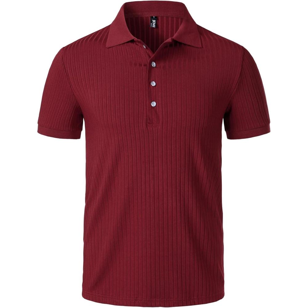 imageJEMITOP Mens Stretch Knit Slim Fit Polo Shirts Casual Short Sleeve Ribbed Collar Golf ShirtBurgundy