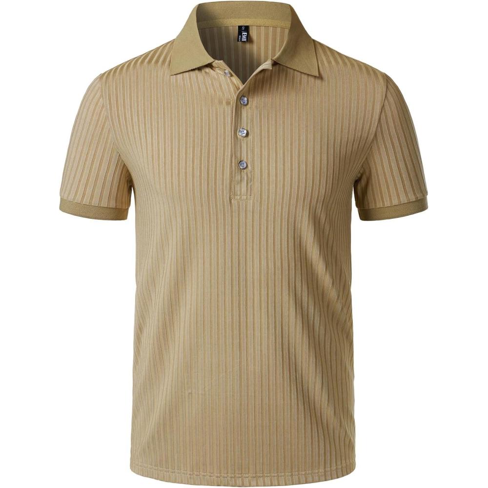 imageJEMITOP Mens Stretch Knit Slim Fit Polo Shirts Casual Short Sleeve Ribbed Collar Golf ShirtKhaki