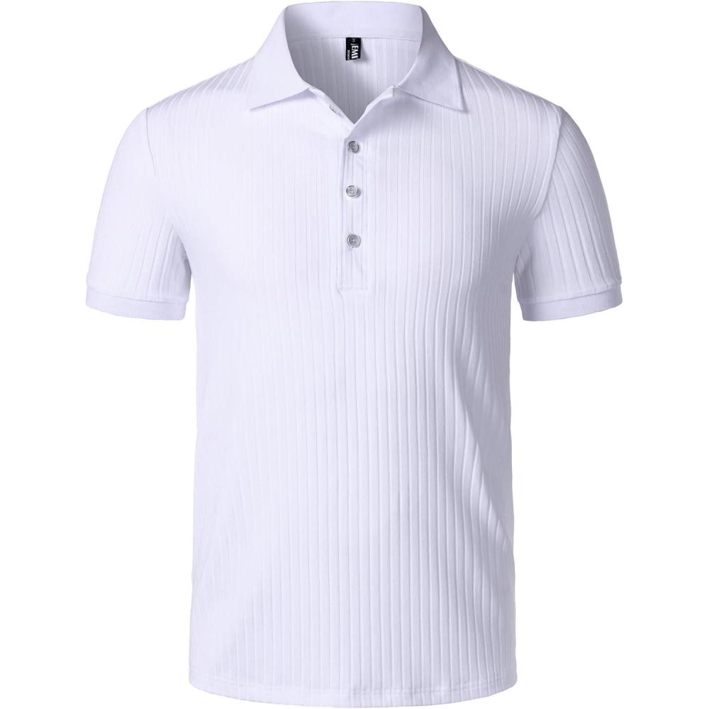 imageJEMITOP Mens Stretch Knit Slim Fit Polo Shirts Casual Short Sleeve Ribbed Collar Golf ShirtWhite