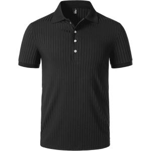 JEMITOP Men’s Stretch Knit Slim Fit Polo Shirts Casual Short Sleeve Ribbed Collar Golf Shirt(Black)