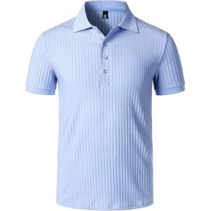 JEMITOP Men’s Stretch Knit Slim Fit Polo Shirts Casual Short Sleeve Ribbed Collar Golf Shirt(Light Blue)