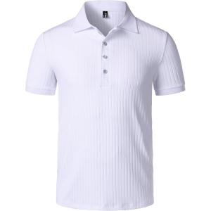 JEMITOP Men’s Stretch Knit Slim Fit Polo Shirts Casual Short Sleeve Ribbed Collar Golf Shirt(White)