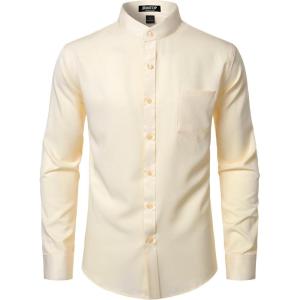 JEMITOP Mens Stretch Wrinkle-Free Slim Fit Mandarin Collar Button Down Shirts Long Sleeve Dress Shirt with Pocket(Beige)