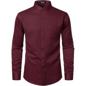 JEMITOP Mens Stretch Wrinkle-Free Slim Fit Mandarin Collar Button Down Shirts Long Sleeve Dress Shirt with Pocket(Burgundy)