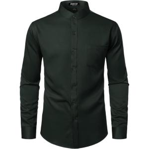 JEMITOP Mens Stretch Wrinkle-Free Slim Fit Mandarin Collar Button Down Shirts Long Sleeve Dress Shirt with Pocket(Dark Green)