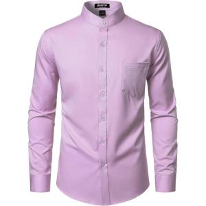 JEMITOP Mens Stretch Wrinkle-Free Slim Fit Mandarin Collar Button Down Shirts Long Sleeve Dress Shirt with Pocket(Lavender Purple)