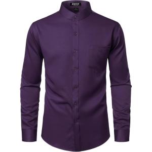 JEMITOP Mens Stretch Wrinkle-Free Slim Fit Mandarin Collar Button Down Shirts Long Sleeve Dress Shirt with Pocket(Purple)