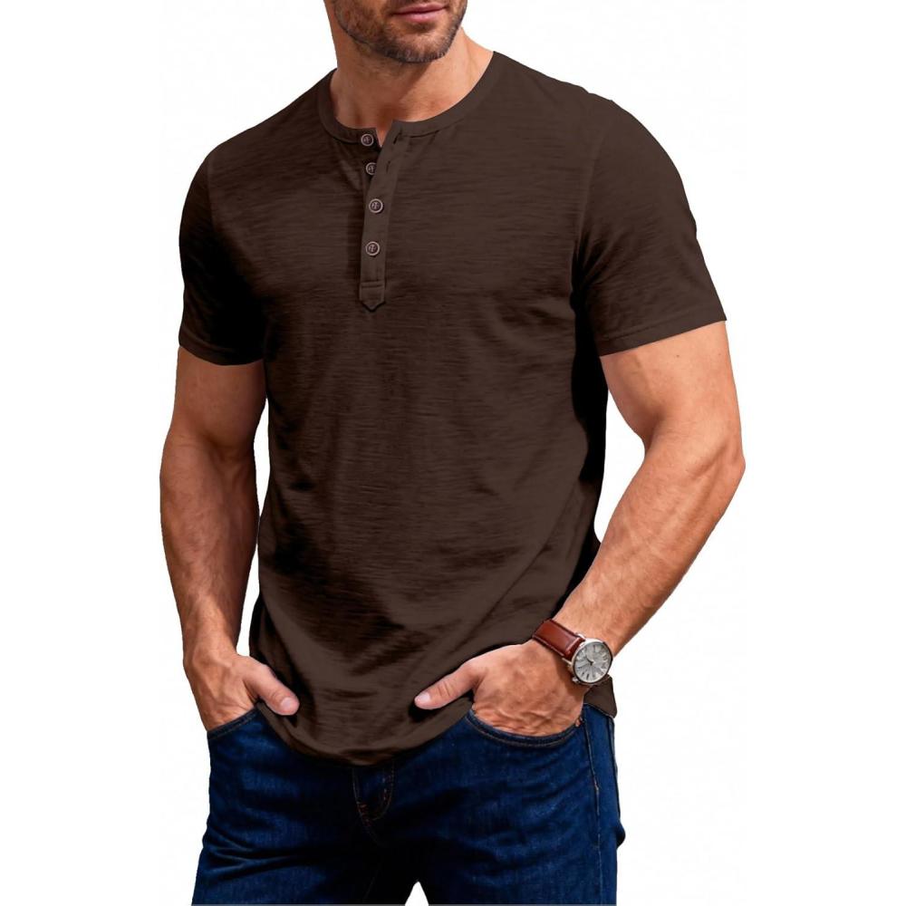 imageJEMITOP Mens Stretchy Short Sleeve Slim Fit Henley TShirt Casual Cotton 4 Buttons Tee ShirtsBrown