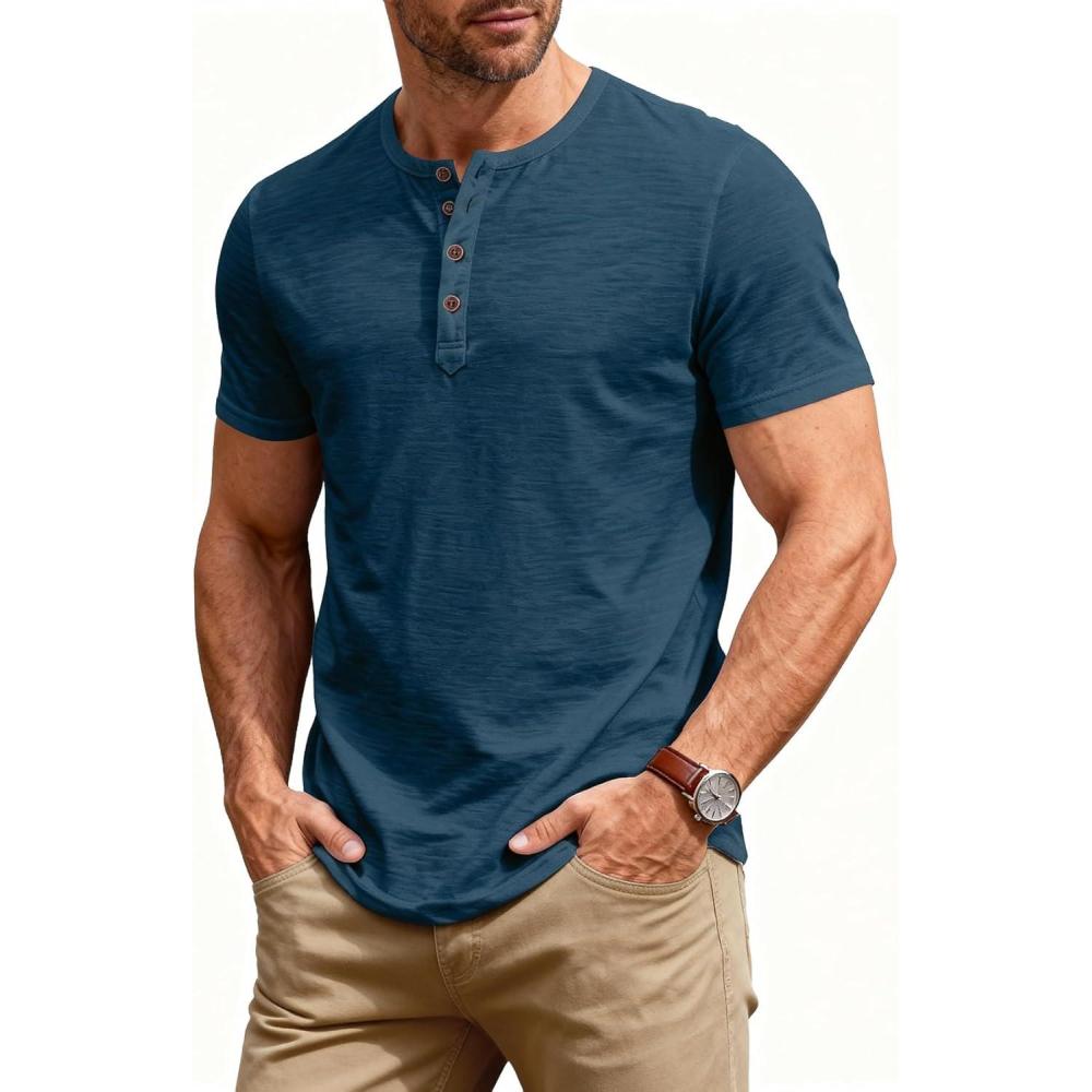 imageJEMITOP Mens Stretchy Short Sleeve Slim Fit Henley TShirt Casual Cotton 4 Buttons Tee ShirtsDark Blue