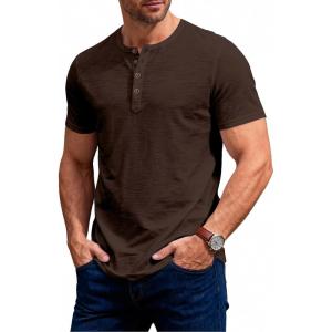 JEMITOP Men’s Stretchy Short Sleeve Slim Fit Henley T-Shirt Casual Cotton 4 Buttons Tee Shirts(Brown)