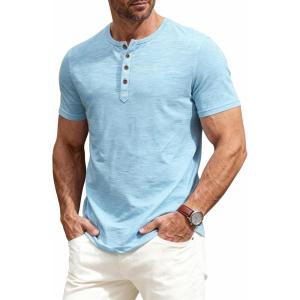 JEMITOP Men’s Stretchy Short Sleeve Slim Fit Henley T-Shirt Casual Cotton 4 Buttons Tee Shirts(Light Blue)