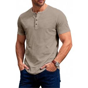 JEMITOP Men’s Stretchy Short Sleeve Slim Fit Henley T-Shirt Casual Cotton 4 Buttons Tee Shirts(Light Khaki)