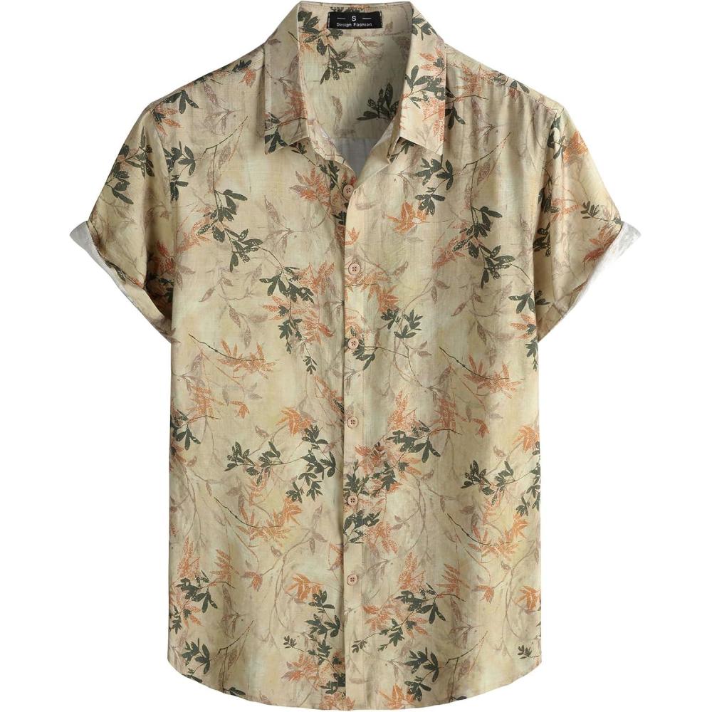 imageJEMITOP Mens Stylish Casual Printed Short Sleeve Button Down Shirts Summer Vacation Beach Tropical Hawaiian ShirtBeige Green Leaves