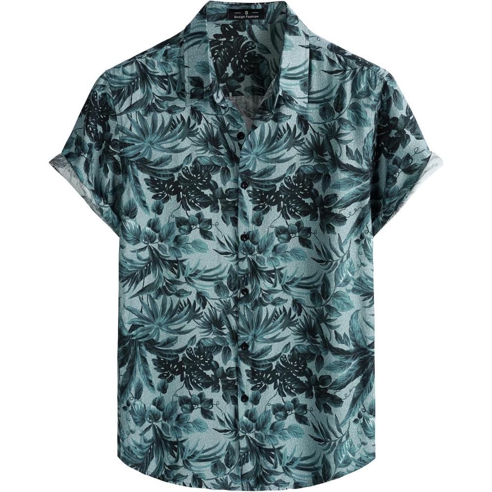 imageJEMITOP Mens Stylish Casual Printed Short Sleeve Button Down Shirts Summer Vacation Beach Tropical Hawaiian ShirtBlue Black Floral