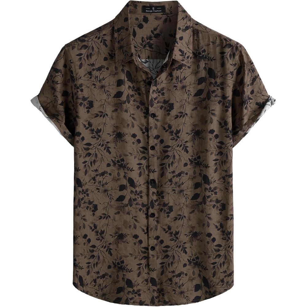 imageJEMITOP Mens Stylish Casual Printed Short Sleeve Button Down Shirts Summer Vacation Beach Tropical Hawaiian ShirtBrown Black Floral