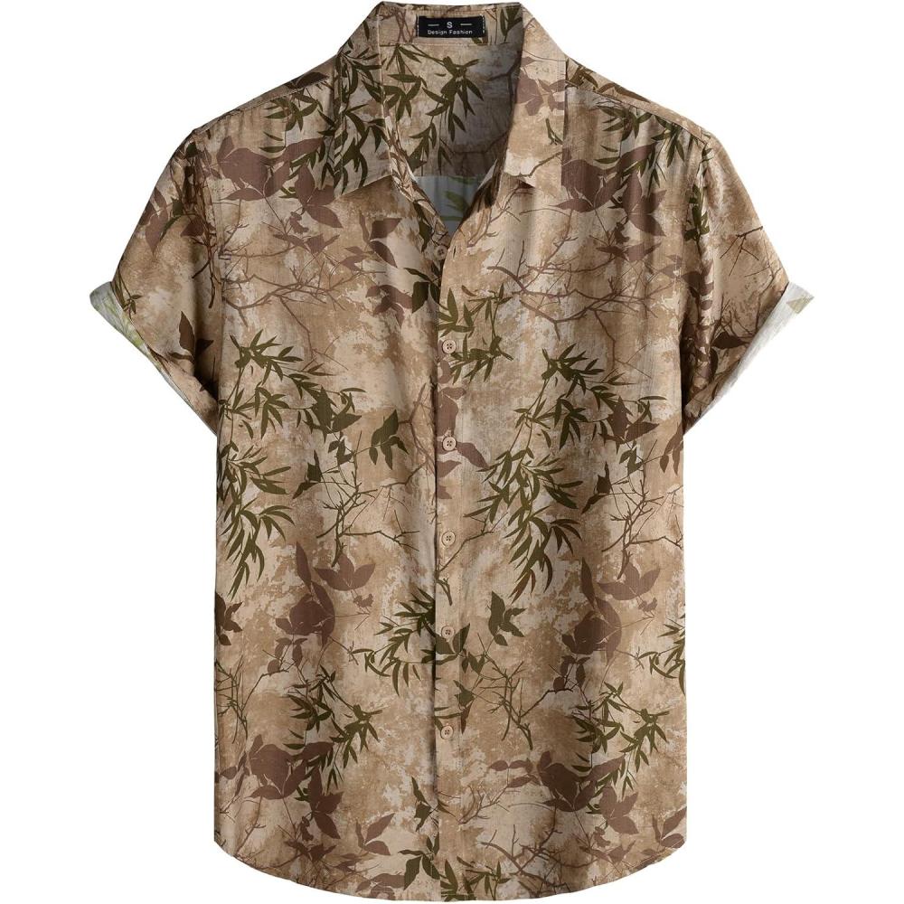 imageJEMITOP Mens Stylish Casual Printed Short Sleeve Button Down Shirts Summer Vacation Beach Tropical Hawaiian ShirtDark Khaki Leaves