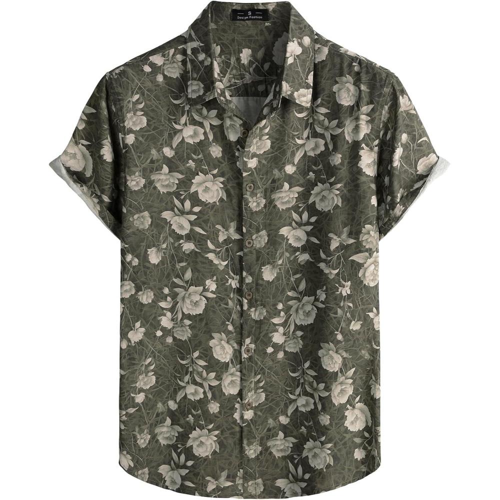 imageJEMITOP Mens Stylish Casual Printed Short Sleeve Button Down Shirts Summer Vacation Beach Tropical Hawaiian ShirtGreen Grey Floral