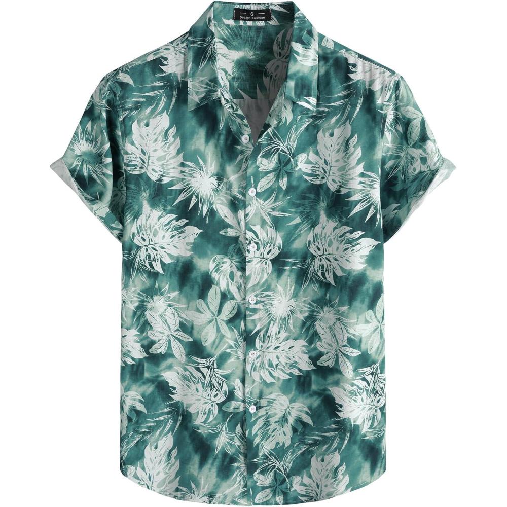 imageJEMITOP Mens Stylish Casual Printed Short Sleeve Button Down Shirts Summer Vacation Beach Tropical Hawaiian ShirtGreen White Floral