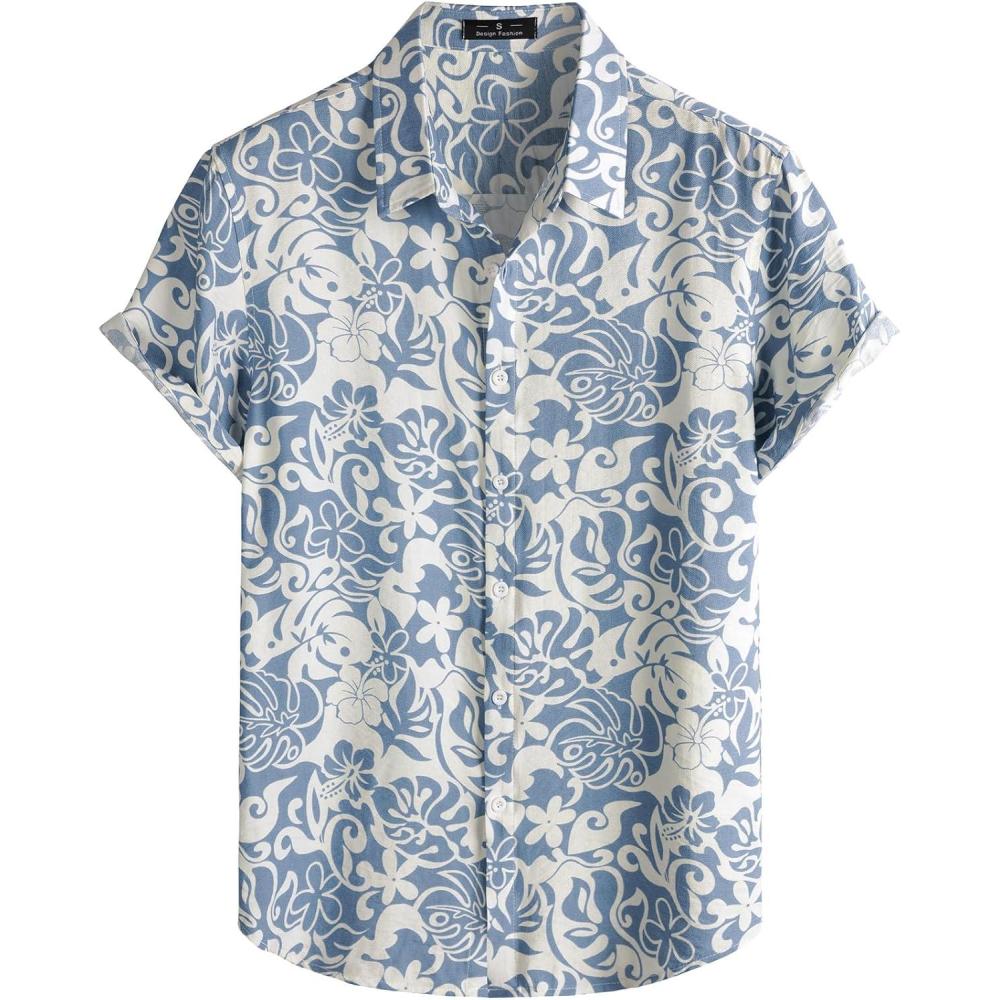 imageJEMITOP Mens Stylish Casual Printed Short Sleeve Button Down Shirts Summer Vacation Beach Tropical Hawaiian ShirtLight Blue Floral