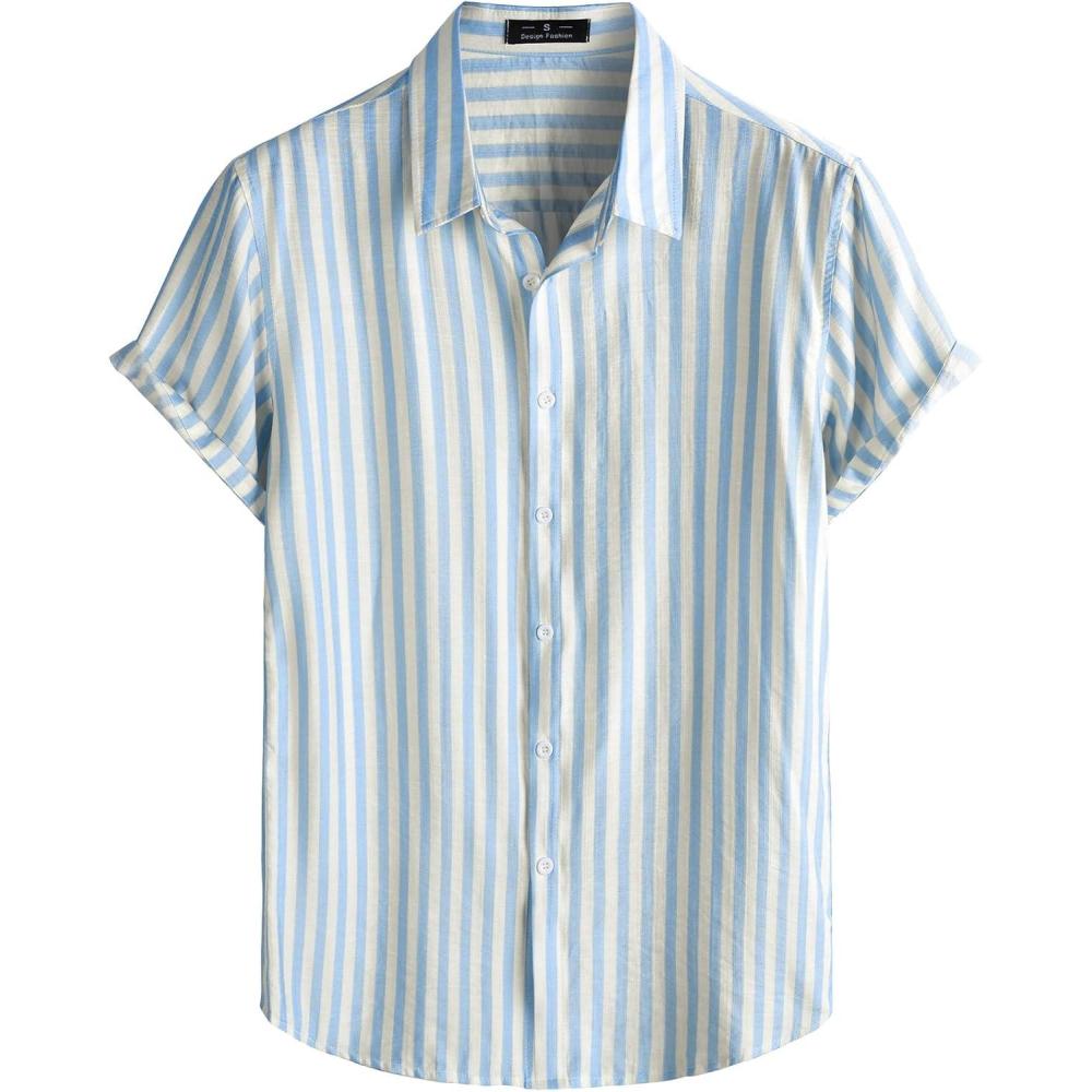 imageJEMITOP Mens Stylish Casual Printed Short Sleeve Button Down Shirts Summer Vacation Beach Tropical Hawaiian ShirtLight Blue Striped