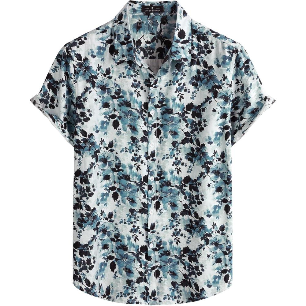 imageJEMITOP Mens Stylish Casual Printed Short Sleeve Button Down Shirts Summer Vacation Beach Tropical Hawaiian ShirtWhite Blue Floral
