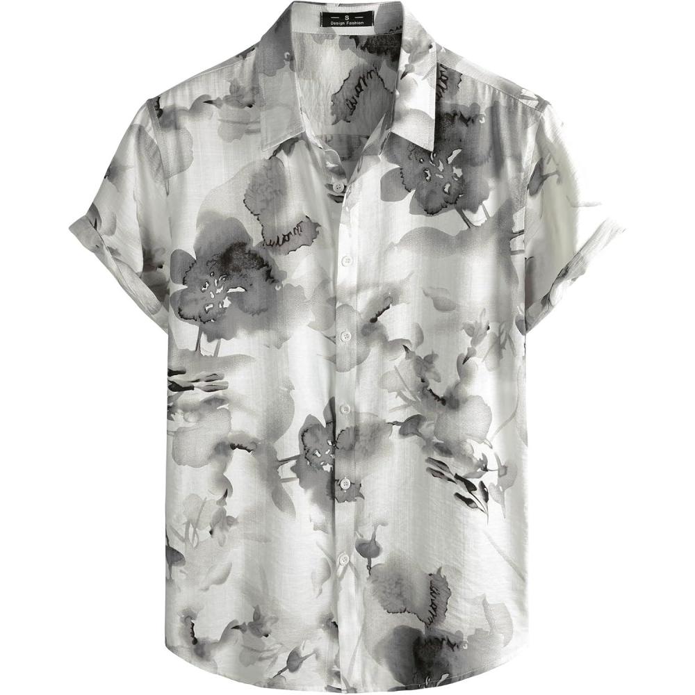 imageJEMITOP Mens Stylish Casual Printed Short Sleeve Button Down Shirts Summer Vacation Beach Tropical Hawaiian ShirtWhite Grey Floral
