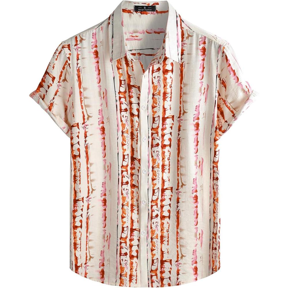 imageJEMITOP Mens Stylish Casual Printed Short Sleeve Button Down Shirts Summer Vacation Beach Tropical Hawaiian ShirtWhite Orange Striped