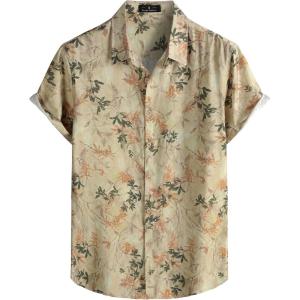 JEMITOP Men’s Stylish Casual Printed Short Sleeve Button Down Shirts Summer Vacation Beach Tropical Hawaiian Shirt(Beige Green Leaves)
