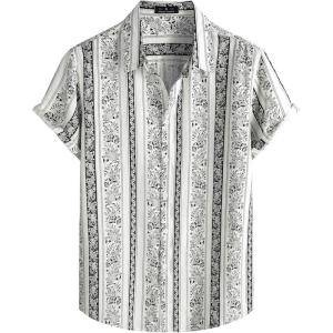 JEMITOP Men’s Stylish Casual Printed Short Sleeve Button Down Shirts Summer Vacation Beach Tropical Hawaiian Shirt(Black Boho Striped)