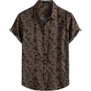 JEMITOP Men’s Stylish Casual Printed Short Sleeve Button Down Shirts Summer Vacation Beach Tropical Hawaiian Shirt(Brown Black Floral)