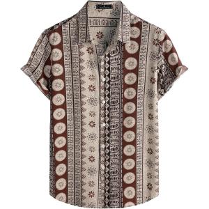JEMITOP Men’s Stylish Casual Printed Short Sleeve Button Down Shirts Summer Vacation Beach Tropical Hawaiian Shirt(Brown Boho Striped)