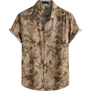 JEMITOP Men’s Stylish Casual Printed Short Sleeve Button Down Shirts Summer Vacation Beach Tropical Hawaiian Shirt(Dark Khaki Leaves)