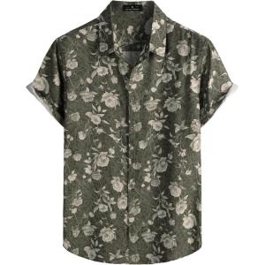 JEMITOP Men’s Stylish Casual Printed Short Sleeve Button Down Shirts Summer Vacation Beach Tropical Hawaiian Shirt(Green Grey Floral)