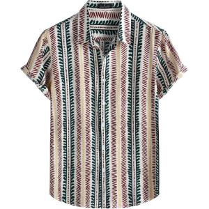 JEMITOP Men’s Stylish Casual Printed Short Sleeve Button Down Shirts Summer Vacation Beach Tropical Hawaiian Shirt(Green Red Striped)