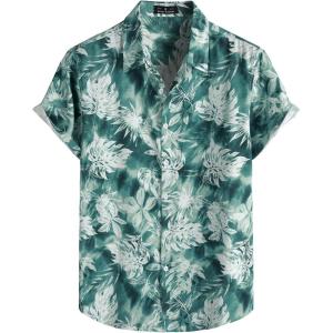 JEMITOP Men’s Stylish Casual Printed Short Sleeve Button Down Shirts Summer Vacation Beach Tropical Hawaiian Shirt(Green White Floral)