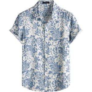 JEMITOP Men’s Stylish Casual Printed Short Sleeve Button Down Shirts Summer Vacation Beach Tropical Hawaiian Shirt(Light Blue Floral)