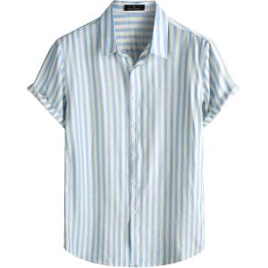 JEMITOP Men’s Stylish Casual Printed Short Sleeve Button Down Shirts Summer Vacation Beach Tropical Hawaiian Shirt(Light Blue Striped)