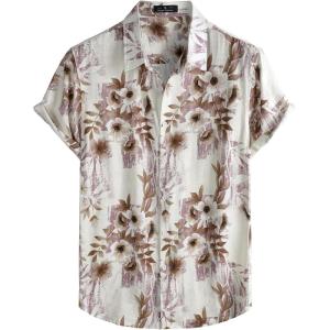 JEMITOP Men’s Stylish Casual Printed Short Sleeve Button Down Shirts Summer Vacation Beach Tropical Hawaiian Shirt(Purple Floral)
