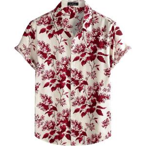 JEMITOP Men’s Stylish Casual Printed Short Sleeve Button Down Shirts Summer Vacation Beach Tropical Hawaiian Shirt(Red Floral)