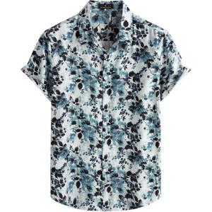 JEMITOP Men’s Stylish Casual Printed Short Sleeve Button Down Shirts Summer Vacation Beach Tropical Hawaiian Shirt(White Blue Floral)