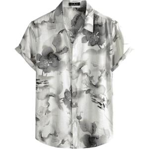 JEMITOP Men’s Stylish Casual Printed Short Sleeve Button Down Shirts Summer Vacation Beach Tropical Hawaiian Shirt(White Grey Floral)