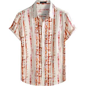 JEMITOP Men’s Stylish Casual Printed Short Sleeve Button Down Shirts Summer Vacation Beach Tropical Hawaiian Shirt(White Orange Striped)