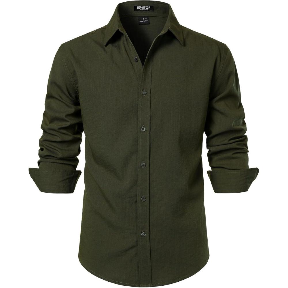 imageJEMITOP Mens Stretch LinenLike Long Sleeve Button Down Shirts Casual Beach Wedding Dress ShirtArmy Green