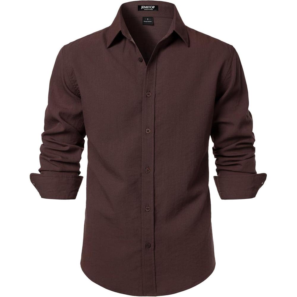 imageJEMITOP Mens Stretch LinenLike Long Sleeve Button Down Shirts Casual Beach Wedding Dress ShirtBrown