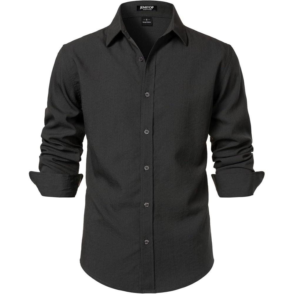 imageJEMITOP Mens Stretch LinenLike Long Sleeve Button Down Shirts Casual Beach Wedding Dress ShirtDark Grey