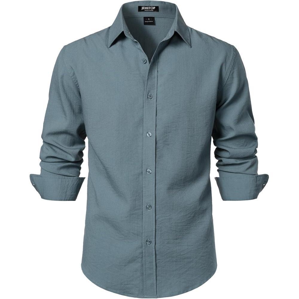 imageJEMITOP Mens Stretch LinenLike Long Sleeve Button Down Shirts Casual Beach Wedding Dress ShirtGrey Blue