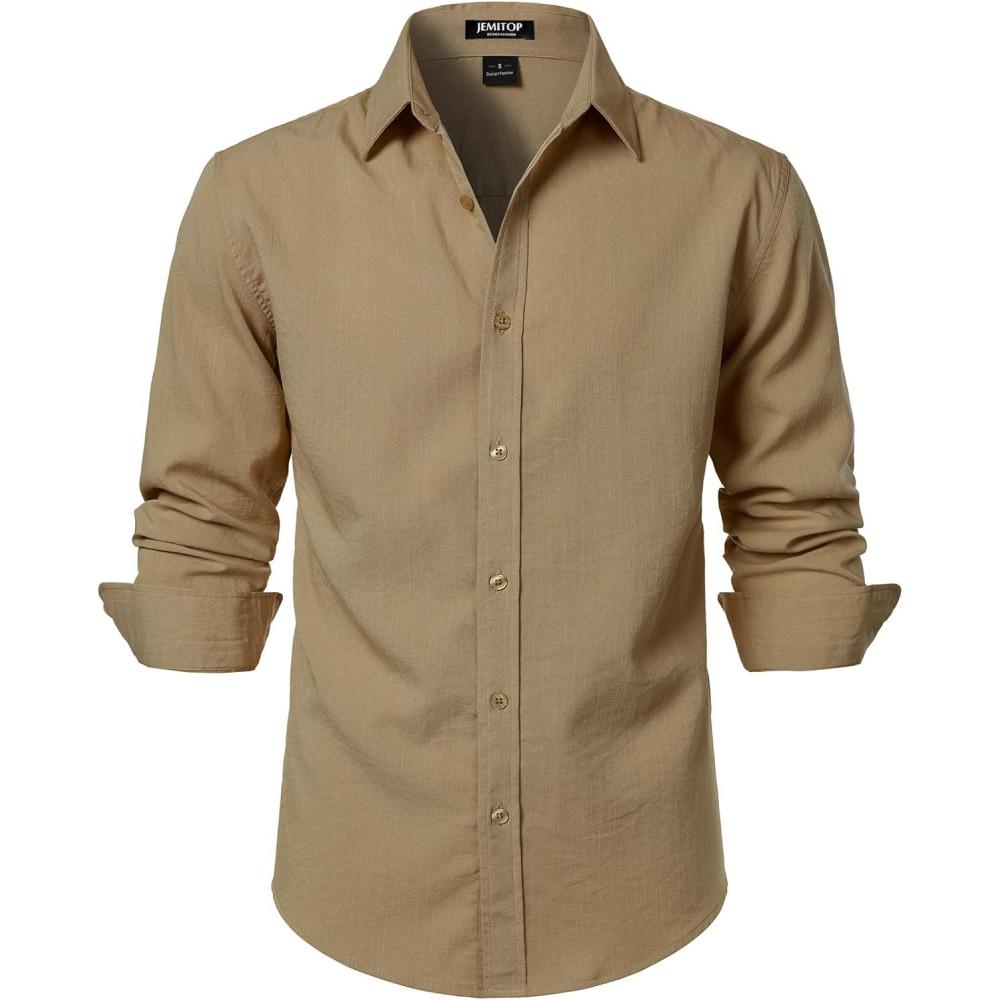 imageJEMITOP Mens Stretch LinenLike Long Sleeve Button Down Shirts Casual Beach Wedding Dress ShirtKhaki